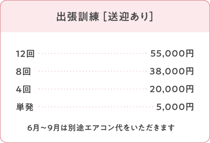 出張訓練［送迎あり］
12回： 55,000円
8回：38,000円
4回：20,000円
単発：5,000円
※6月〜9月は別途エアコン代をいただきます
