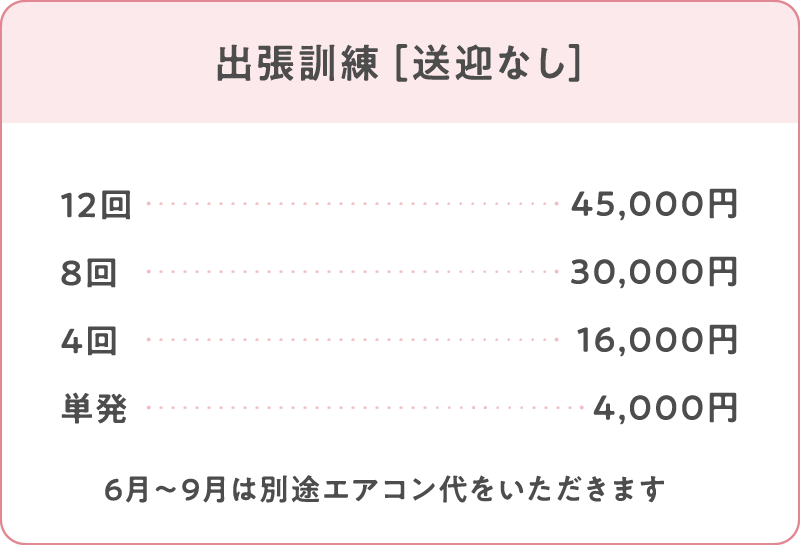 出張訓練［送迎なし］
12回： 45,000円
8回：30,000円
4回：16,000円
単発：4,000円
※6月〜9月は別途エアコン代をいただきます